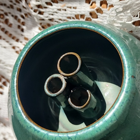 Vintage Green Glazed Crackle Rim 3 Hole Flower Frog - Picture 2 of 5